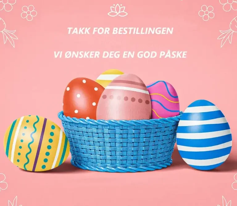 Et bilde med rosa bakgrunn. En kurv fylt med påskeegg i lekre farger. Tekst over kurven med eggene hvor det står: Ordrebrekftelse er sendt til din e-post. Takk for bestillingen, vi ønsker deg en god påske
