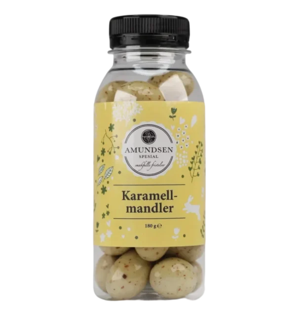 Amundsen Spesials påske karamell mandler i flaske – 180g med sprø mandler og søt karamell smak
